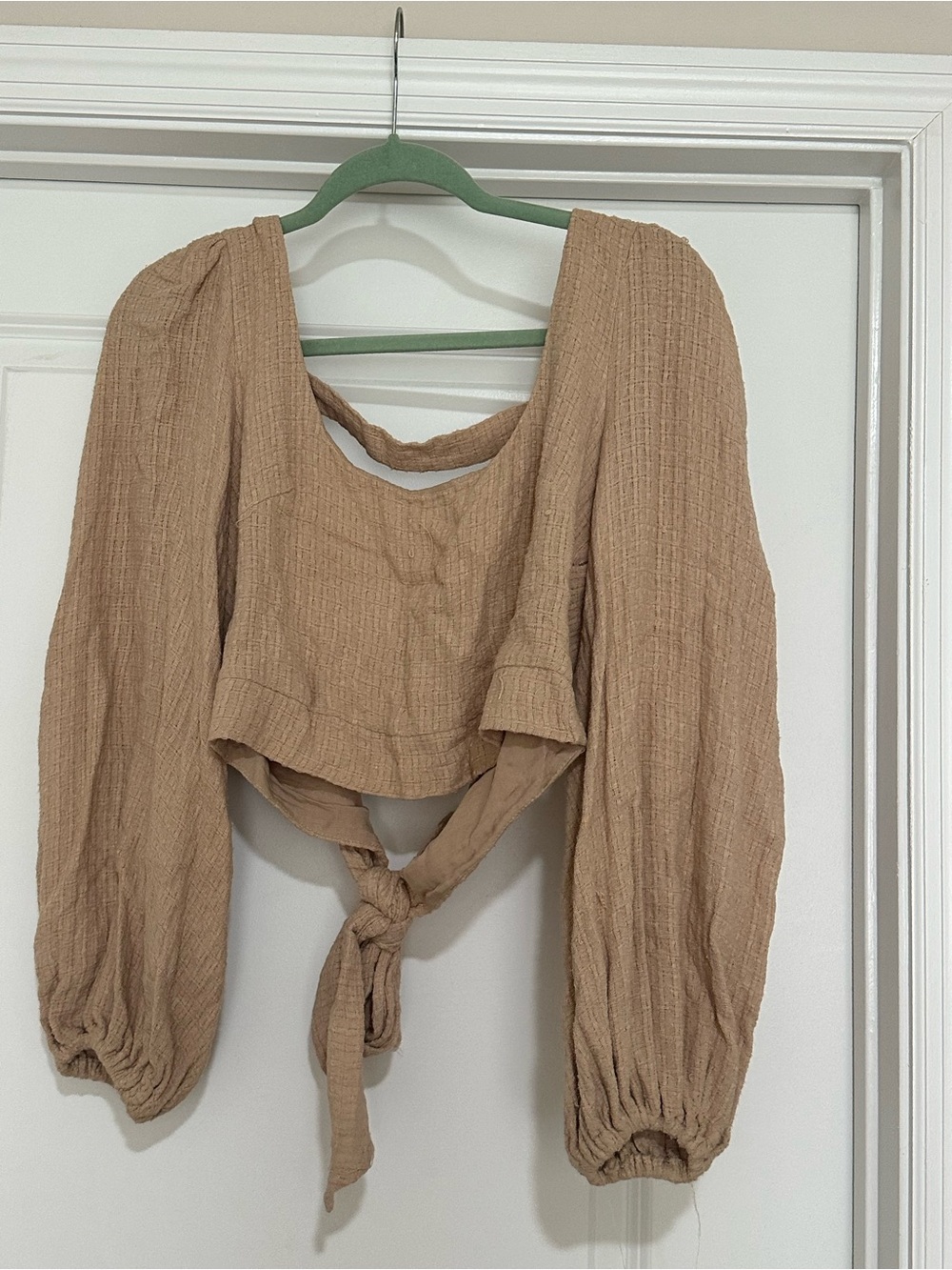 Tie-back Long Sleeve Crop Top in Tan